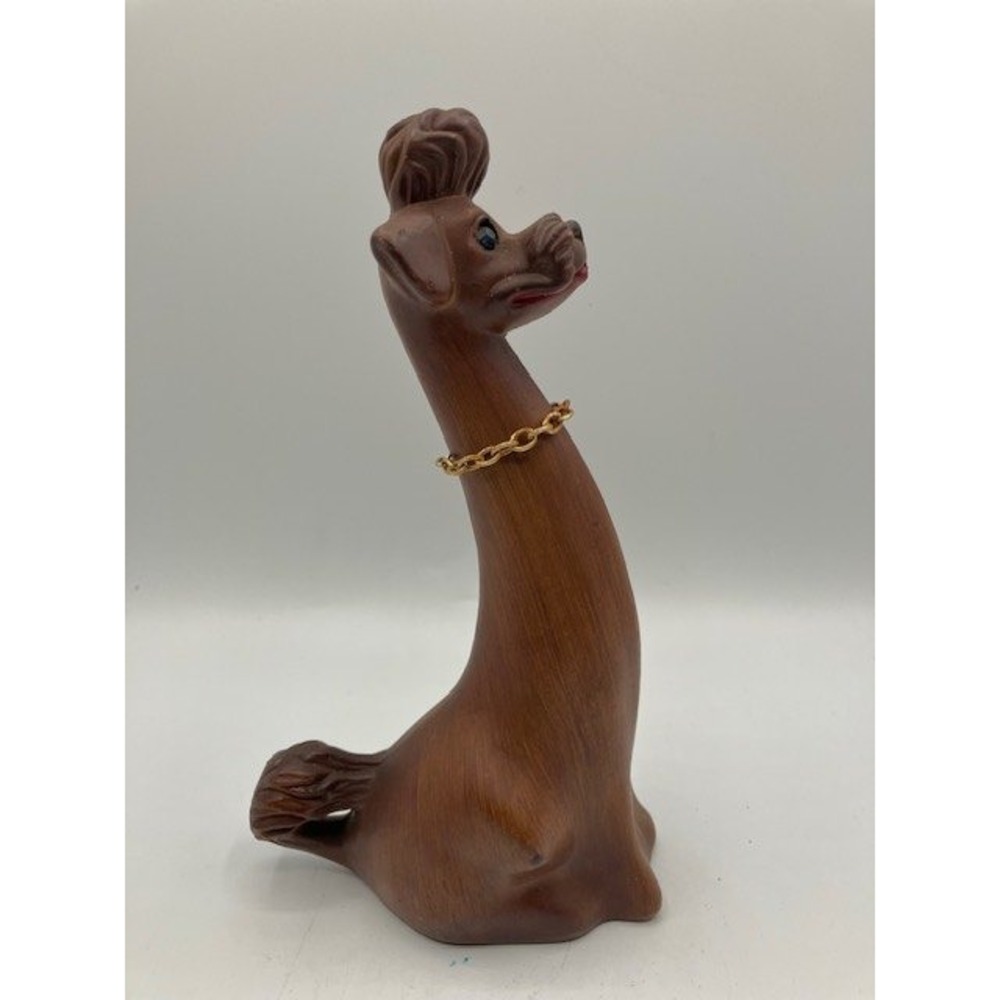 Vintage Wood Grain Long Neck Poodle Figurine Dog with‎ Gold Chain Collar 8" MCM